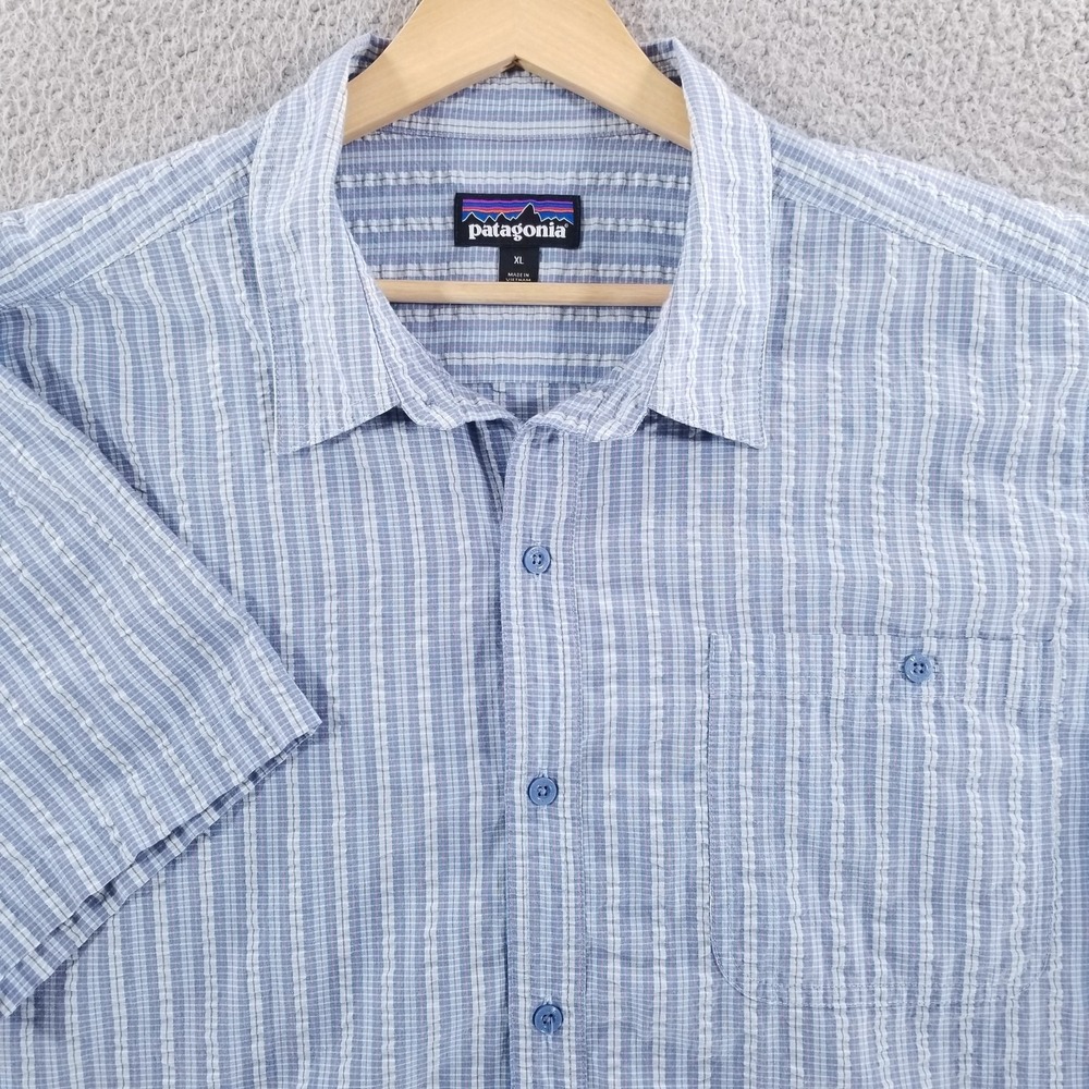 Patagonia Shirt Mens XL Blue Puckerware Seersucker Textured Hiking Cooling Camp